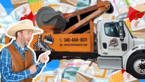 Man in a cowboy hat points at an orange Scorpion Waste Compaction truck with contact info, set against a colorful trash-themed background.