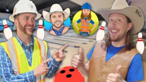 Two men in safety vests and hard hats smile and point at each other in a bowling alley backdrop with pins and cartoon icons.