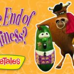 VeggieTales cover with a cucumber in a vest beside a brown cow on an orange patterned background and the title 'The End of Silliness?'