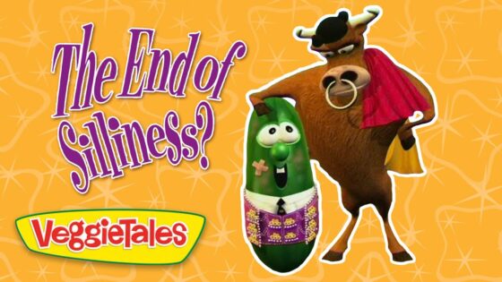 VeggieTales cover with a cucumber in a vest beside a brown cow on an orange patterned background and the title 'The End of Silliness?'