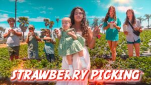 Family and friends stand in a strawberry field, with a woman holding a baby in the center and kids collecting berries, captioned 'Strawberry Picking' in bold text at the bottom.