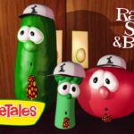 Three VeggieTales characters (green cucumber, green bean, red tomato) wear white hats, posed by a wooden door; Rack, Shack & Benny logo visible in top right.