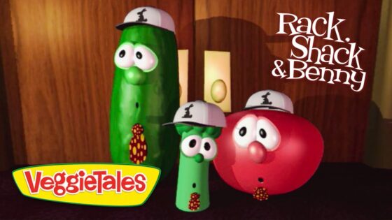 Three VeggieTales characters (green cucumber, green bean, red tomato) wear white hats, posed by a wooden door; Rack, Shack & Benny logo visible in top right.