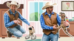 Two men dressed as cowboys in a child’s playroom, one pointing at a small pug-like plush beside metal bowls, the other holding a plastic dinosaur puppet.