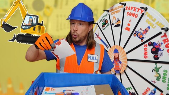 Construction worker in safety vest and blue hard hat places a drawing into a blue bin, with a colorful wheel backdrop behind him.