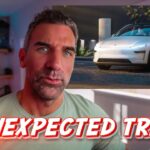 Thumbnail: a man looks at the camera indoors with blue lighting; an inset image of a white Tesla on the right and a bold 'UNEXPECTED TRIP' caption across the bottom