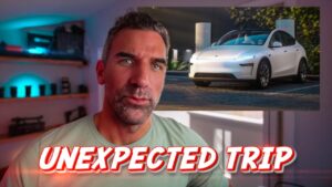 Thumbnail: a man looks at the camera indoors with blue lighting; an inset image of a white Tesla on the right and a bold 'UNEXPECTED TRIP' caption across the bottom