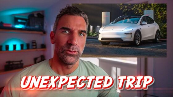 Thumbnail: a man looks at the camera indoors with blue lighting; an inset image of a white Tesla on the right and a bold 'UNEXPECTED TRIP' caption across the bottom