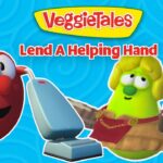 VeggieTales characters lend a helping hand, standing with a vacuum cleaner on a bright blue background.