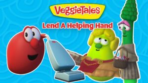 VeggieTales characters lend a helping hand, standing with a vacuum cleaner on a bright blue background.