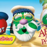 Three VeggieTales characters on a sunny beach with the 'Abe and the Amazing Promise' title.