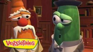Two VeggieTales characters, an orange carrot and a green cucumber, in a wood-paneled room wearing formal clothes and talking together.