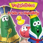Collage of VeggieTales characters against a purple background with the title Pride vs Humility, colorful and playful.