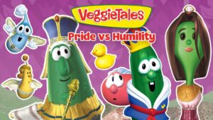 Collage of VeggieTales characters against a purple background with the title Pride vs Humility, colorful and playful.