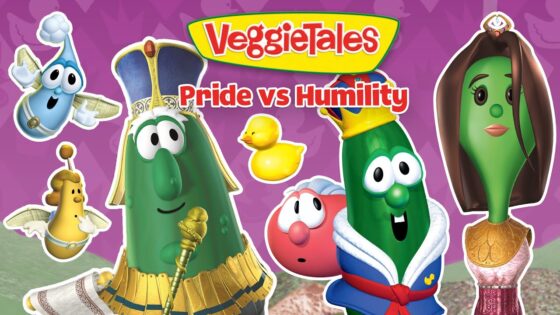 Collage of VeggieTales characters against a purple background with the title Pride vs Humility, colorful and playful.