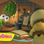 Larry the Cucumber and a bearded yellow VeggieTales character peek into a kitchen, a sandwich on a plate in front; VeggieTales logo nearby.