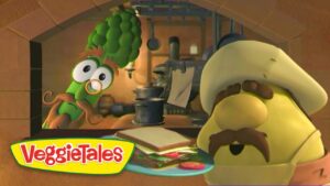 Larry the Cucumber and a bearded yellow VeggieTales character peek into a kitchen, a sandwich on a plate in front; VeggieTales logo nearby.