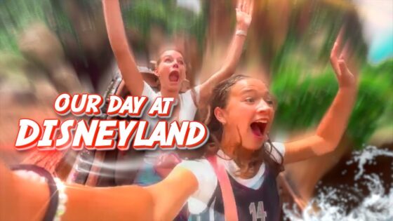 Thumbnail of two excited riders on a Disneyland ride, arms raised, with bold red and white text reading 'OUR DAY AT DISNEYLAND' overlaid in the foreground.