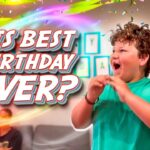 A joyful birthday celebration with a smiling boy in a teal shirt, colorful confetti, balloons, and the text 'HIS BEST BIRTHDAY EVER?' across the image.