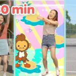 Three-panel thumbnail of women dancing for a 30-minute workout video, with a monkey logo and bright backgrounds.
