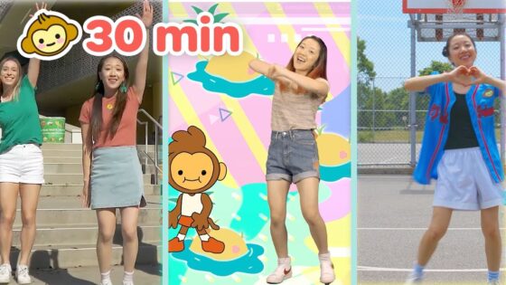 Three-panel thumbnail of women dancing for a 30-minute workout video, with a monkey logo and bright backgrounds.