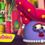 Purple VeggieTales character with a large pink flower hat and pearl necklace looks sleepy, beside three tall, colorful veggie friends. VeggieTales logo visible.