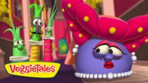 Purple VeggieTales character with a large pink flower hat and pearl necklace looks sleepy, beside three tall, colorful veggie friends. VeggieTales logo visible.