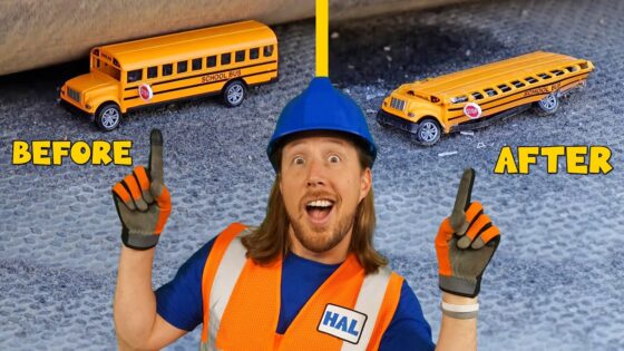 Construction worker in a blue hard hat and orange safety vest points upward with 'Before' and 'After' school buses in the background on a gravel surface.