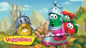 Cartoon VeggieTales characters dressed as knights ride a wooden horse in a bright valley with a castle in the background.