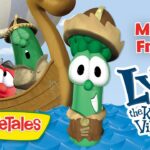 VeggieTales characters sail on a wooden Viking ship at sea, with Luke the Kind Viking in front.