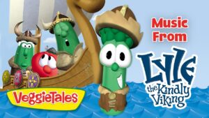 VeggieTales characters sail on a wooden Viking ship at sea, with Luke the Kind Viking in front.