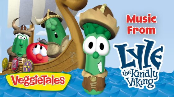 VeggieTales characters sail on a wooden Viking ship at sea, with Luke the Kind Viking in front.