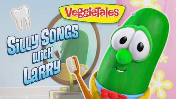 Larry the cucumber from VeggieTales, wearing a red bow tie and holding a toothbrush in a bright, playful scene with the 'Silly Songs with Larry' title above him.