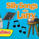VeggieTales thumbnail: two green cucumber characters facing each other with a music stand, notes, and 'Silly Songs with Larry' text on a blue background.