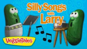 VeggieTales thumbnail: two green cucumber characters facing each other with a music stand, notes, and 'Silly Songs with Larry' text on a blue background.