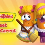 Promo image for VeggieTales: Laura Carrot singing into a microphone with a friend holding a broom on a yellow-pink gradient background.
