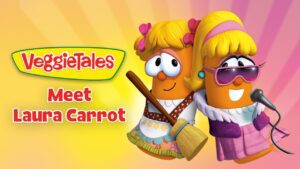 Promo image for VeggieTales: Laura Carrot singing into a microphone with a friend holding a broom on a yellow-pink gradient background.