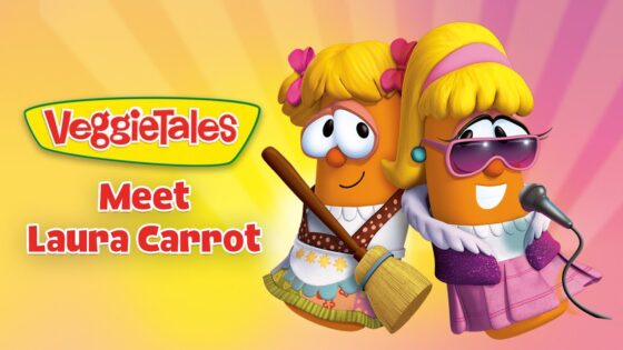 Promo image for VeggieTales: Laura Carrot singing into a microphone with a friend holding a broom on a yellow-pink gradient background.