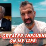 Thumbnail of a man at the beach with bold red-and-white text: 'NO GREATER INFLUENCE ON MY LIFE'; inset portrait of an older man in a suit on the left side.