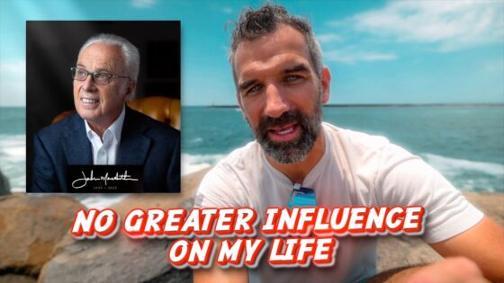 Video thumbnail: man at the beach with an inset portrait of an older man in a suit; bold red caption reads 'NO GREATER INFLUENCE ON MY LIFE'.
