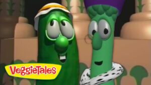 Two VeggieTales animated vegetables with oversized eyes stand together, with the VeggieTales logo on the left.