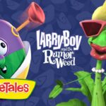 Promo image for VeggieTales: LarryBoy and the Rumor Weed, with LarryBoy on the left and a sunglasses-wearing weed on the right.