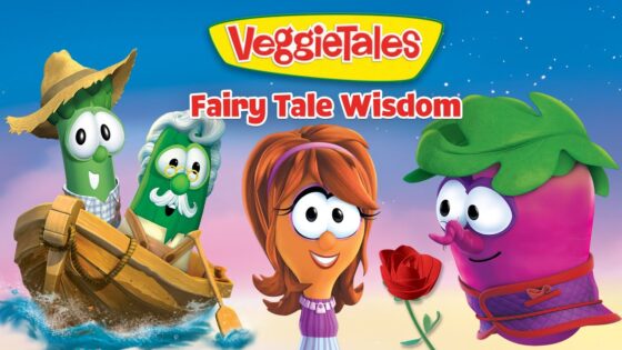 VeggieTales: Fairy Tale Wisdom cover with four cheerful animated vegetables—a cucumber in a boat, an elderly cucumber with glasses, a smiling girl veggie, and a purple radish offering a rose under a bright sky.