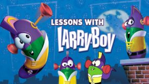 Animated title screen with four LarryBoy characters against a blue cityscape and the bold text 'Lessons with LarryBoy'.