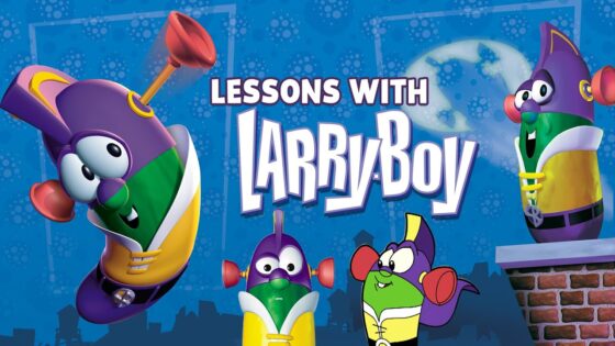 Animated title screen with four LarryBoy characters against a blue cityscape and the bold text 'Lessons with LarryBoy'.