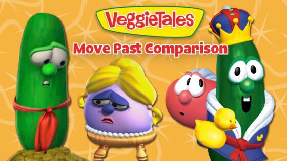 VeggieTales Move Past Comparison cover featuring cartoon veggie characters, including a crowned cucumber, a purple pastry-like figure, and a green cucumber with a red scarf on an orange background.
