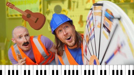 Two construction workers in orange safety vests lean toward a large prize wheel, a cartoon guitar sticker floating overhead, and a piano keyboard at the bottom edge for a playful scene.