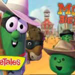 VeggieTales characters in cowboy hats stand in a western town; 'Moe and the Big Exit' title appears in the upper right.