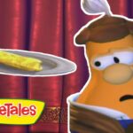 VeggieTales character wearing a chef hat looks worried as a corn on the cob floats on a plate nearby against a red curtain background.