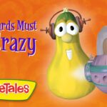 VeggieTales promo: 'The Gords Must Be Crazy' with a yellow gourd wearing headphones beside a space pod on an orange background.
